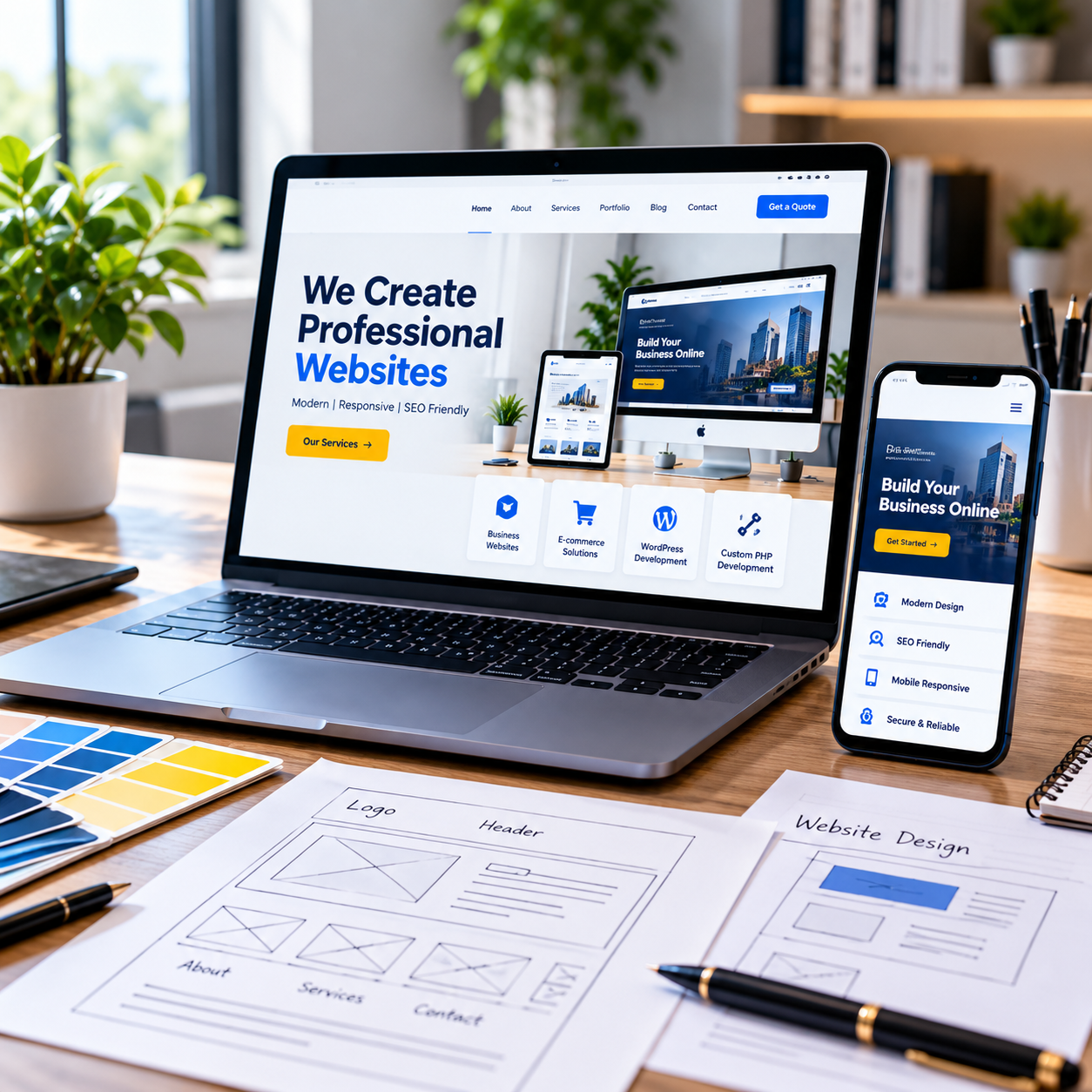 Responsive website design displayed on desktop, laptop, tablet and mobile devices